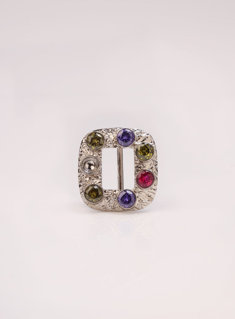 Textured Square Buckle with Colourful Stones (Silver)