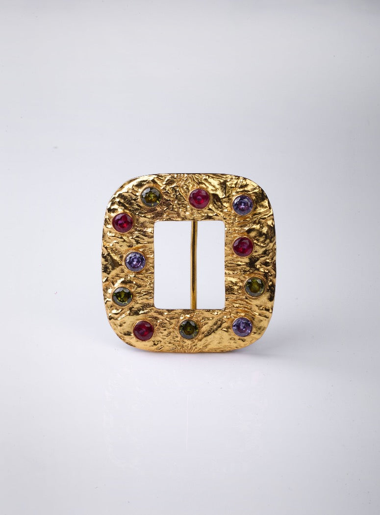 Textured Square Buckle with Colourful Stones (Gold)