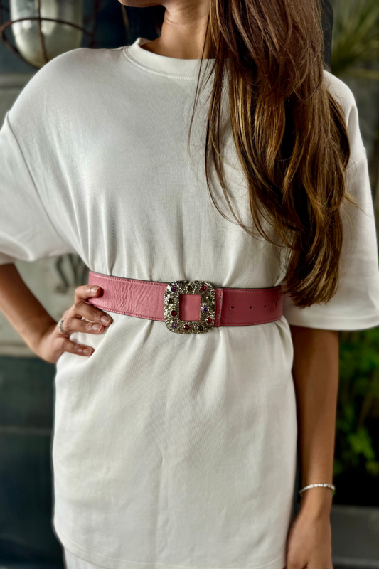 Wide Reversible Belt with Buckle (Pink/Grey)