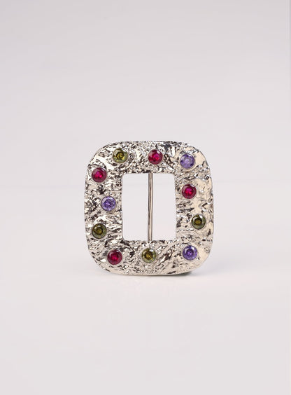 Textured Square Buckle with Colourful Stones (Silver)
