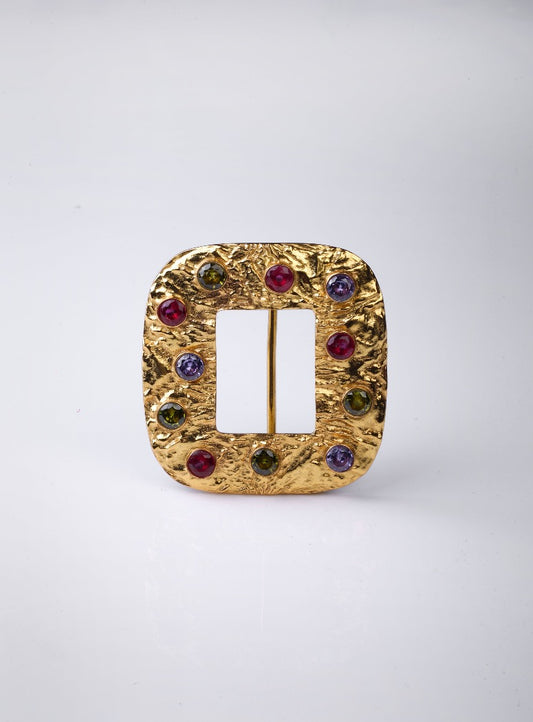 Textured Square Buckle with Colourful Stones (Gold)